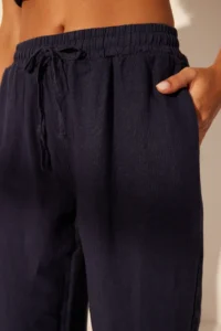 TRENDYOLMİLLA Navy Blue 100% Linen Elastic Waist High Waist Wide Leg Pants - Image 5