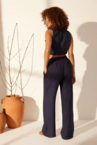 TRENDYOLMİLLA Navy Blue 100% Linen Elastic Waist High Waist Wide Leg Pants - Image 6