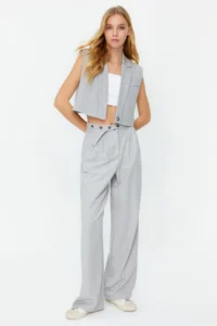 TRENDYOLMİLLA Gray Straight/Plain Cut Belt Detailed Weaving Pants - Image 2