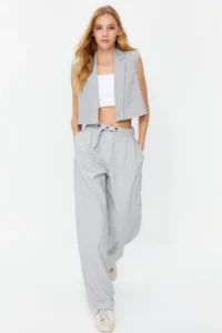 TRENDYOLMİLLA Gray Straight/Plain Cut Belt Detailed Weaving Pants - Image 3