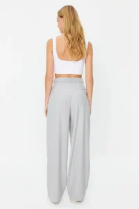 TRENDYOLMİLLA Gray Straight/Plain Cut Belt Detailed Weaving Pants - Image 6