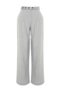 TRENDYOLMİLLA Gray Straight/Plain Cut Belt Detailed Weaving Pants - Image 7