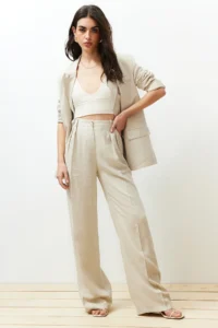 TRENDYOLMİLLA Beige ribbed Wide Leg/Wide Leg Cotton Linen Weaving Pants - Image 2