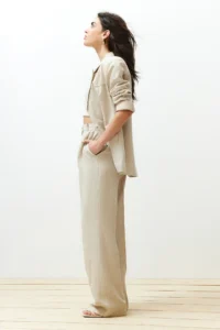 TRENDYOLMİLLA Beige ribbed Wide Leg/Wide Leg Cotton Linen Weaving Pants - Image 4