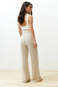 TRENDYOLMİLLA Beige ribbed Wide Leg/Wide Leg Cotton Linen Weaving Pants - Image 7