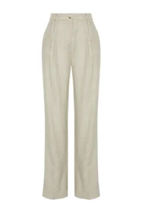 TRENDYOLMİLLA Beige ribbed Wide Leg/Wide Leg Cotton Linen Weaving Pants - Image 8