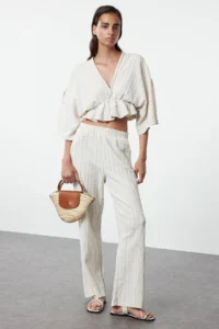 TRENDYOLMİLLA Ecru Elastic Waist textured Material Bootcut Weaving Pants