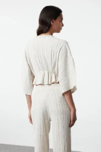TRENDYOLMİLLA Ecru Elastic Waist textured Material Bootcut Weaving Pants - Image 5