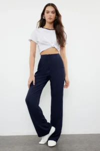 TRENDYOLMİLLA Navy Blue Linen Look Wide Leg/Wide Leg High Waist Weaving Pants - Image 2