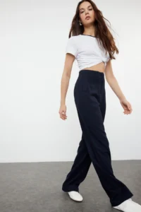 TRENDYOLMİLLA Navy Blue Linen Look Wide Leg/Wide Leg High Waist Weaving Pants - Image 3