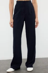 TRENDYOLMİLLA Navy Blue Linen Look Wide Leg/Wide Leg High Waist Weaving Pants - Image 4