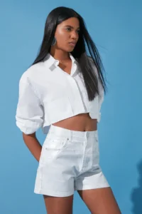 TRENDYOLMiLLA White Shiny Metallic Printed denim Shorts - Image 3