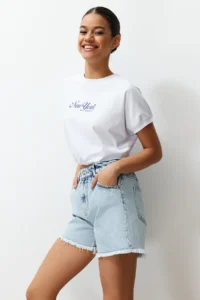 TRENDYOLMiLLA Light Blue Elastic Waist denim Shorts