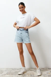 TRENDYOLMiLLA Light Blue Elastic Waist denim Shorts - Image 2