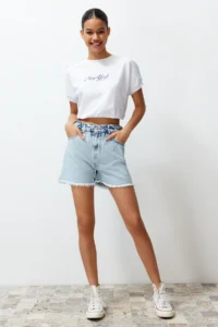 TRENDYOLMiLLA Light Blue Elastic Waist denim Shorts - Image 3