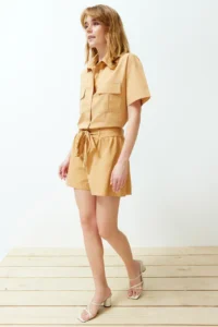 TRENDYOLMiLLA Mustard Binding Detailed Cotton Weaving Shorts - Image 2