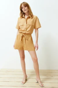 TRENDYOLMiLLA Mustard Binding Detailed Cotton Weaving Shorts - Image 3
