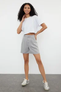 TRENDYOLMiLLA Gray 100% Tencel™ pleated denim Shorts - Image 2
