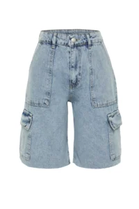 TRENDYOLMİLLA Light Blue Cargo Pocket High Waist denim Bermuda - Image 7