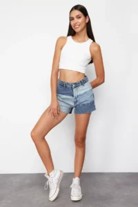 TRENDYOLMiLLA Mavi Color Bloklu denim Shorts - Image 3