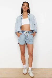 TRENDYOLMiLLA Light Blue Elastic Waist High Waist denim Shorts - Image 2