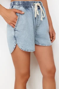 TRENDYOLMiLLA Light Blue Elastic Waist High Waist denim Shorts - Image 4