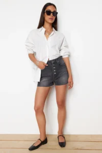 TRENDYOLMiLLA Black Front buttoned High Waist denim Shorts - Image 2