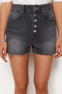 TRENDYOLMiLLA Black Front buttoned High Waist denim Shorts - Image 4