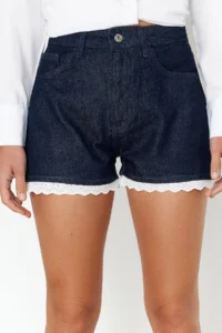TRENDYOLMiLLA Dark Blue More Sustainable Hem Detailed High Waist Denim Mini Shorts - Image 4