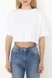 TRENDYOLMİLLA Black-White 2 Sets Paket 100% Cotton Relax/Rahat Cut Crop Knitting T-Shirt - Image 3