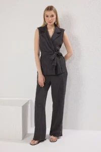 TRENDYOLMİLLA Anthracite Double breasted Kapama Wideleg/Wide Leg Knitting Top and Bottom Set