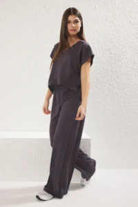 TRENDYOLMİLLA Anthracite V-neck Oversized/Wide Pattern Knitting Top and Bottom Set