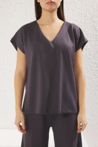 TRENDYOLMİLLA Anthracite V-neck Oversized/Wide Pattern Knitting Top and Bottom Set - Image 3