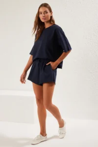 TRENDYOLMİLLA Navy Blue Oversized/Wide Pattern Thin Flexible Shorts T sihrt Knitting Top and Bottom Set