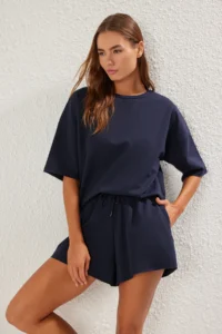 TRENDYOLMİLLA Navy Blue Oversized/Wide Pattern Thin Flexible Shorts T sihrt Knitting Top and Bottom Set - Image 2