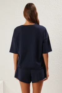TRENDYOLMİLLA Navy Blue Oversized/Wide Pattern Thin Flexible Shorts T sihrt Knitting Top and Bottom Set - Image 5
