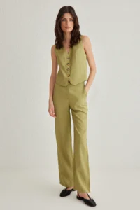 TRENDYOLMİLLA Yağ Green Soft Touch Regular Vest Wide Leg Pants Weaving Bottom - Top Set
