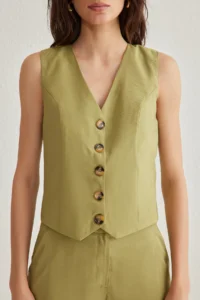 TRENDYOLMİLLA Yağ Green Soft Touch Regular Vest Wide Leg Pants Weaving Bottom - Top Set - Image 3