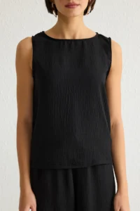 TRENDYOLMİLLA Black Sleeveless Blouse And Elastic Waist Wide Leg/Wide Leg Pants Weaving Top and Bottom Set - Image 4