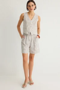 TRENDYOLMİLLA Multicolored Striped V-neck Vest And Shorts Weaving Top and Bottom Set