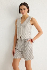 TRENDYOLMİLLA Multicolored Striped V-neck Vest And Shorts Weaving Top and Bottom Set - Image 2