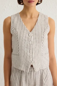 TRENDYOLMİLLA Multicolored Striped V-neck Vest And Shorts Weaving Top and Bottom Set - Image 3
