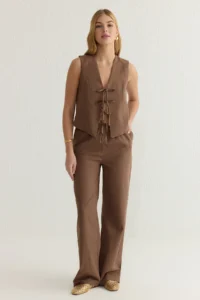 TRENDYOLMİLLA Brown tied up linen look Blouse Ve Wide Leg Pants Weaving Bottom - Top Set
