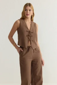 TRENDYOLMİLLA Brown tied up linen look Blouse Ve Wide Leg Pants Weaving Bottom - Top Set - Image 2
