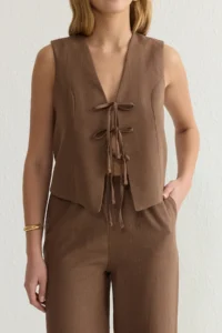 TRENDYOLMİLLA Brown tied up linen look Blouse Ve Wide Leg Pants Weaving Bottom - Top Set - Image 3