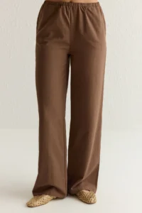 TRENDYOLMİLLA Brown tied up linen look Blouse Ve Wide Leg Pants Weaving Bottom - Top Set - Image 4