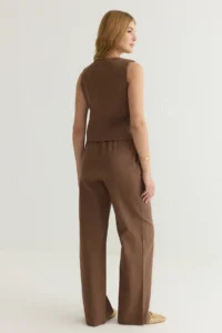 TRENDYOLMİLLA Brown tied up linen look Blouse Ve Wide Leg Pants Weaving Bottom - Top Set - Image 5