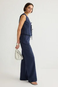 TRENDYOLMİLLA Navy Blue with bow linen look Blouse Ve Wide Leg Pants Weaving Top and Bottom Set - Image 2