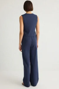 TRENDYOLMİLLA Navy Blue with bow linen look Blouse Ve Wide Leg Pants Weaving Top and Bottom Set - Image 5
