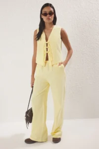 TRENDYOLMİLLA Yellow with bow linen look Blouse Ve Wide Leg Pants Weaving Bottom - Top Set